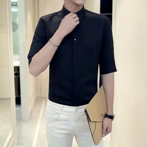 气质男人夏季白色中袖男士薄款短袖衬衣修身7分袖衬衫潮男型师