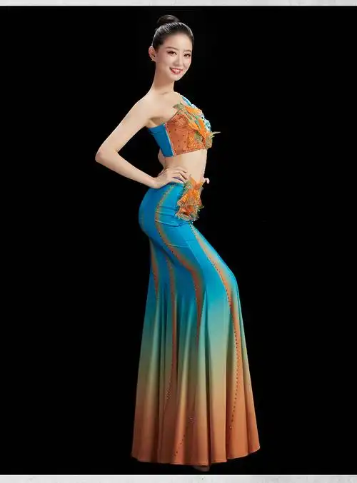 菲仙兔傣族舞服装女滇南映少舞蹈独舞艺考演出服鱼尾裙云南西双版纳