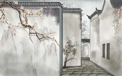 a04081(w2)现代简约2马头墙中式水墨江南房子小巷梅花鸟国画徽派