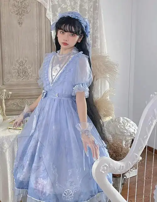 深海医院原创正品华丽珍珠刺绣lolita洛丽塔op洋装甜美连衣裙浅蓝色op