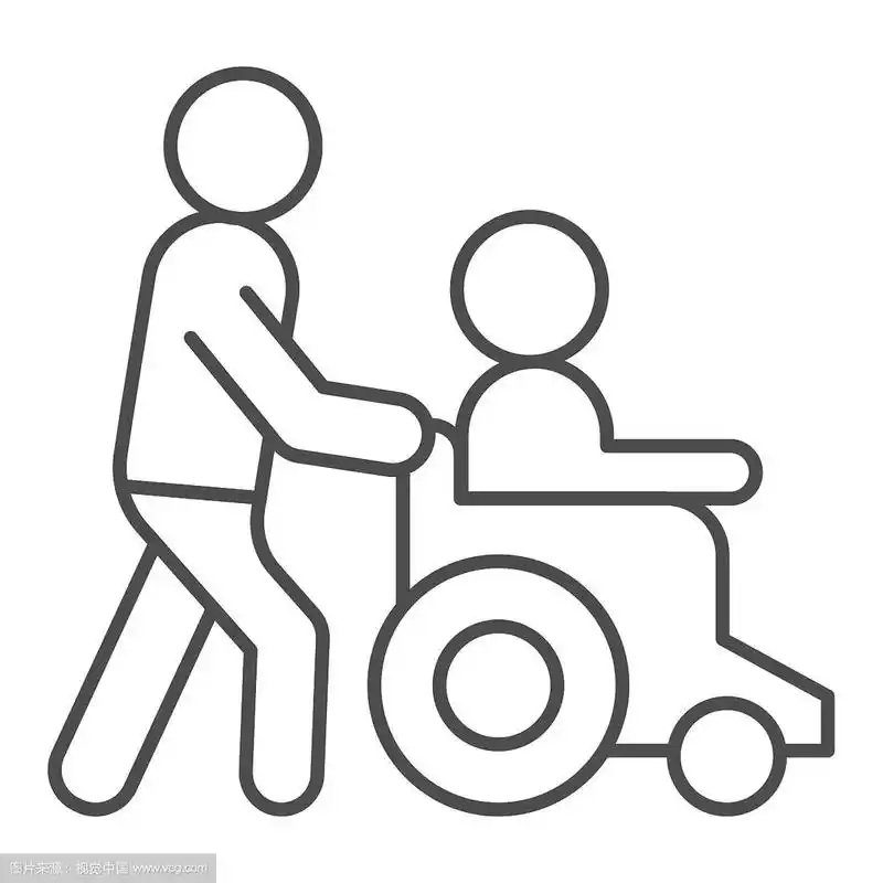 帮助残疾人细线图标的人在轮椅上