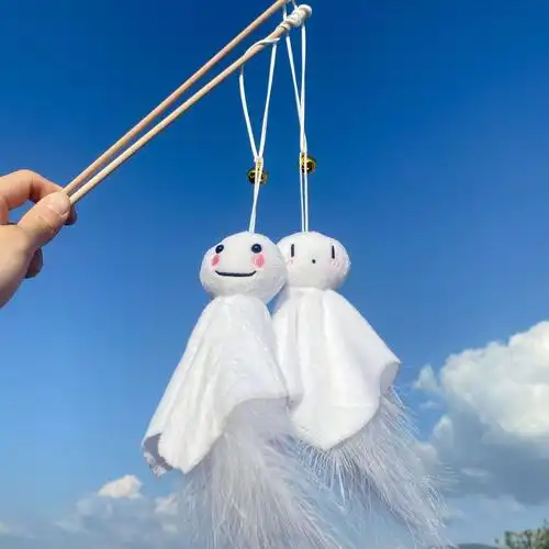 外贸速卖通日系晴天娃娃羽毛铃铛手工木制逗猫棒猫咪毛绒互动宠物