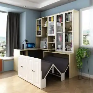 多功能电脑办公书桌书架组合转角书柜一体隐形床书房午休折叠床