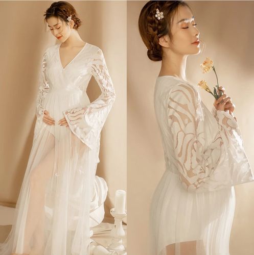 影楼孕妇摄影服装孕妈咪大肚写真私房照服装时尚白色纱裙拍照礼服