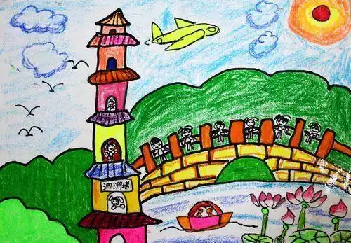 杭州西湖彩色儿童简笔画