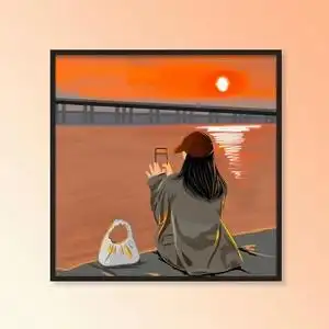 女孩背影diy数字油画手工填色填充治愈海边日落风景唯美油画