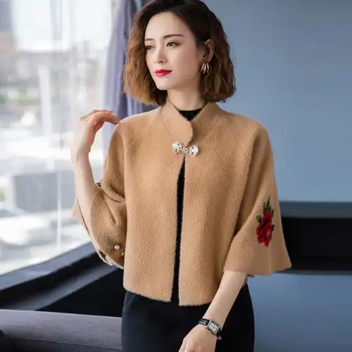 早春水貂绒披肩外套女士斗篷短款时尚高档搭配旗袍外搭刺绣小坎肩