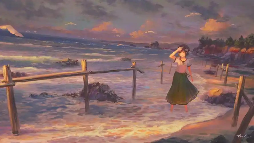 女孩子 海岸夕照风景风景壁纸图片_桌面壁纸图片_壁纸下载-元气壁纸