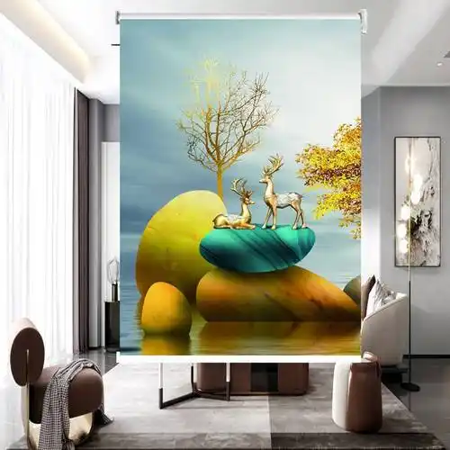 旗舰京品山水画窗帘定制卷帘立体轻奢石来运转麋鹿山水窗帘现代简约