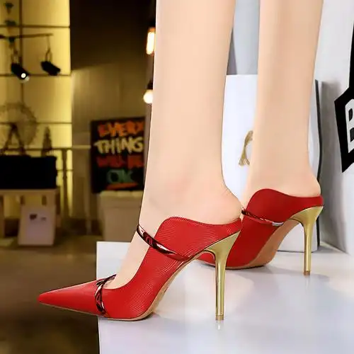 欧美风显瘦时尚外穿半拖鞋包头拖鞋细跟高跟浅口尖头一字带女拖鞋