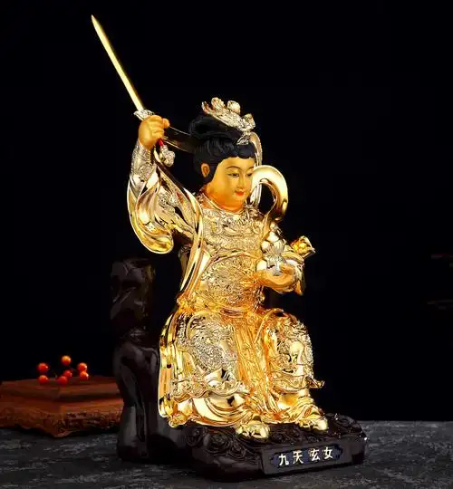 神像九天台湾纯铜鎏金玄女娘娘摆件供奉家用摆件