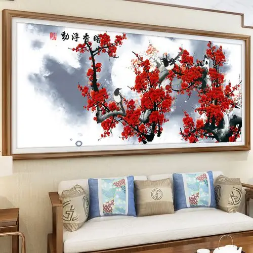 梅花十字绣2021年新款线绣客厅大幅自己绣大气家用手工中国风半绣