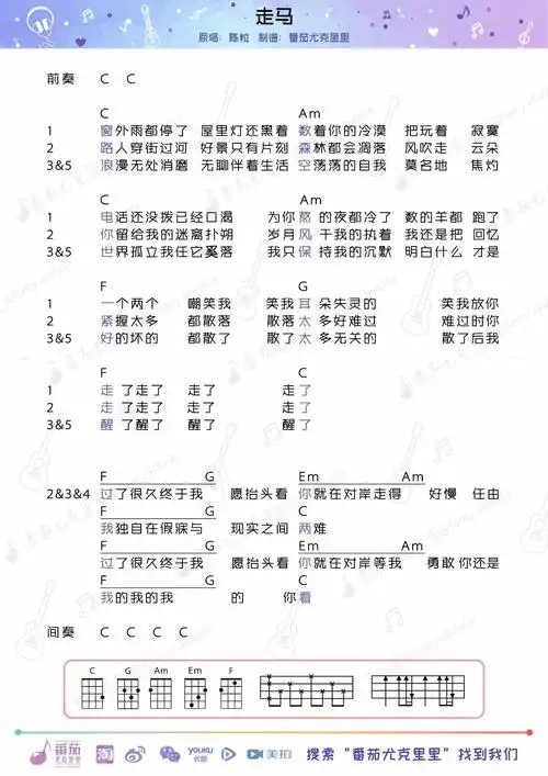 走马陈粒ukulele弹唱谱