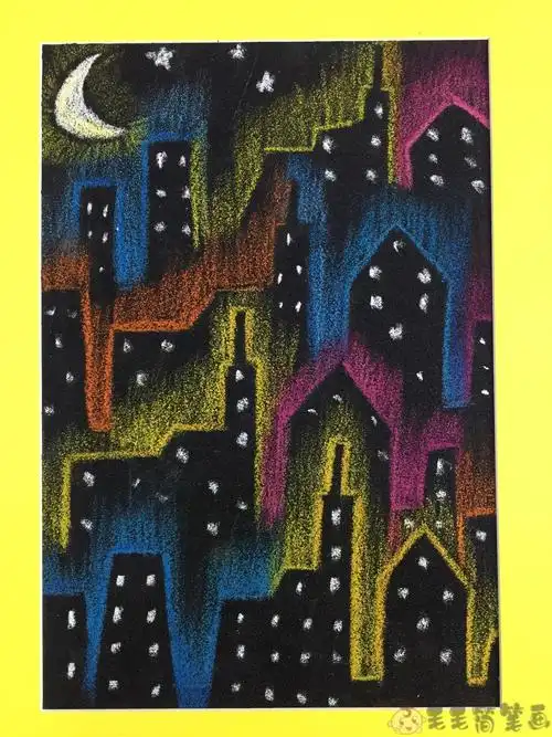 儿童夜景画夜晚的城市儿童画