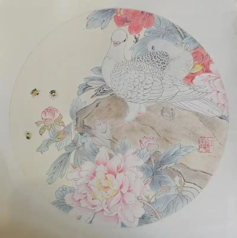 临工笔花鸟小品《牡丹双鸽图》 - 抖音