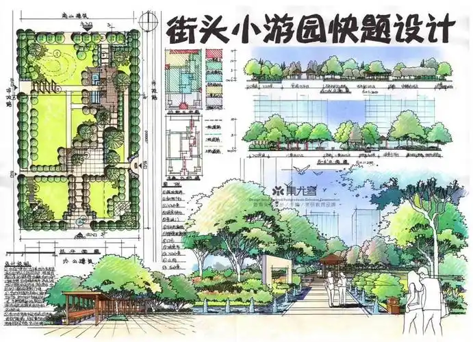 【集尤客快题手绘作品分享】公园,街头游园景观案例|空间|景观设计