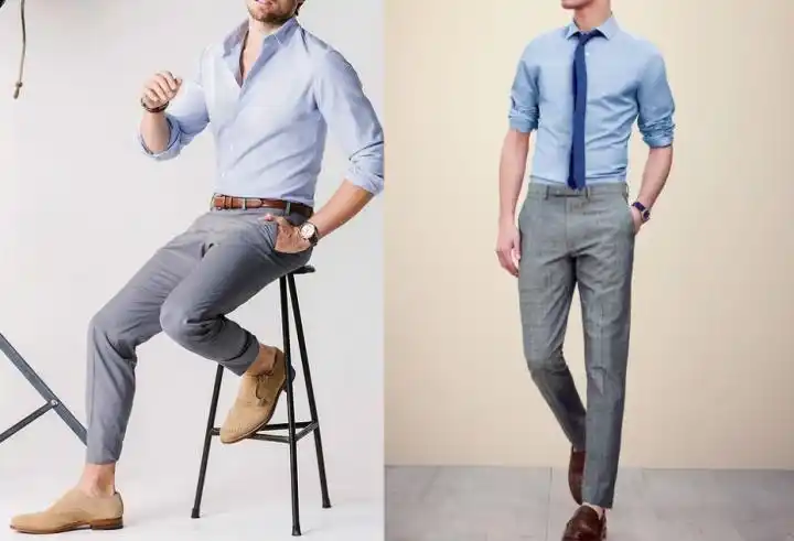 浅蓝色衬衫 浅灰色西裤 浅灰或白色德比鞋 中性色和冷色混合,新色感.