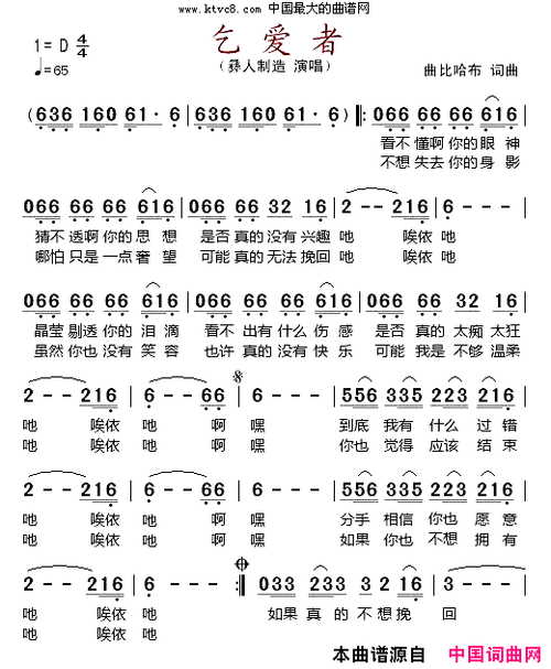 乞爱者简谱-彝人制造演唱-曲比哈布/曲比哈布词曲-看谱啦