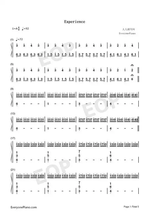 experience-ludovico einaudi-钢琴谱文件(五线谱,双手简谱,数字谱