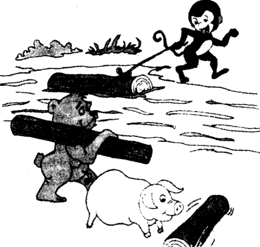 看图写话.   提示:画面上有几个小动物在运木头.