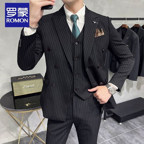 罗蒙romon品牌高档感西装双排扣三件套男英伦修身条纹西服套装商务