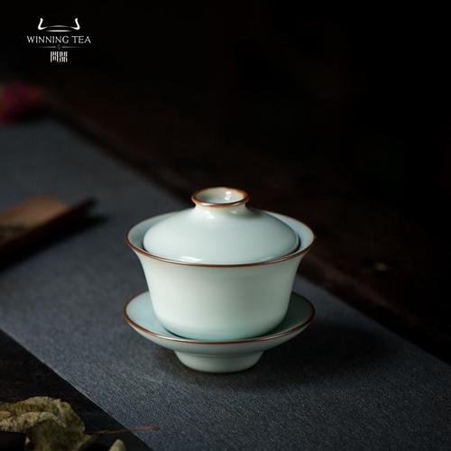 问鼎中国汝瓷月白三才盖碗 功夫茶具三才碗 陶瓷品茗汝窑泡茶器皿