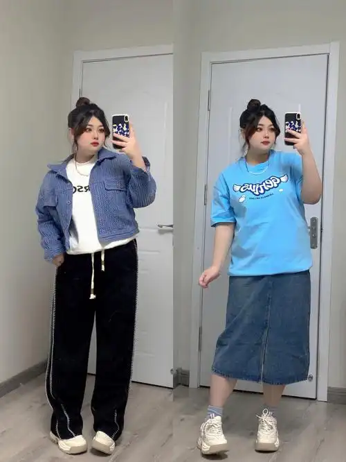 160cm165斤大码胖妹妹开春休闲清爽风穿搭