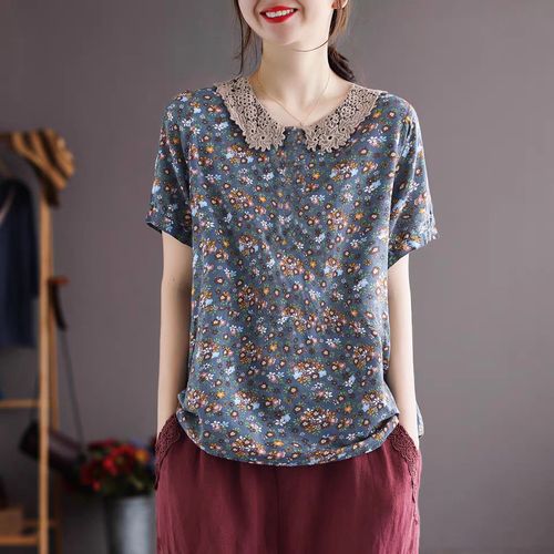 99新款夏季碎花上衣女高端气质系带衬衫洋气小衫v领百搭短袖雪纺衫已