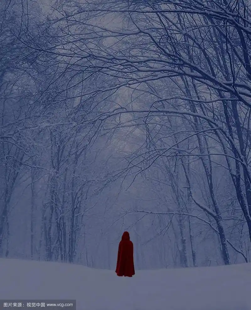 雪中穿红色斗篷的一个人