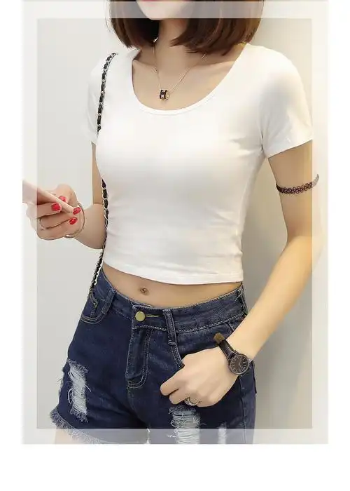 实拍露脐上衣白色t恤女夏 短款高腰紧身漏脐短装修身衣服露肚脐装