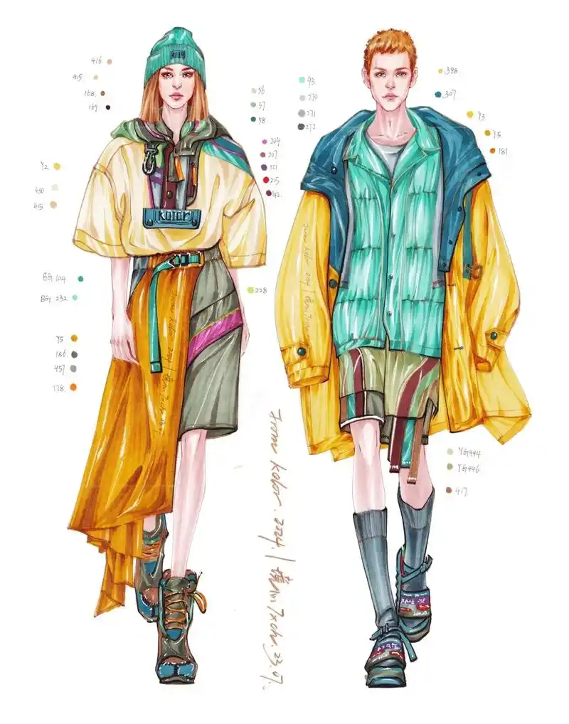 男女双人马克笔情侣服装效果图 |运动风格.94境心时装画|双 - 抖音