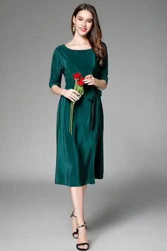 夏季新款重磅真丝连衣裙 五分袖系带开叉纯色桑蚕丝宽松显瘦长裙