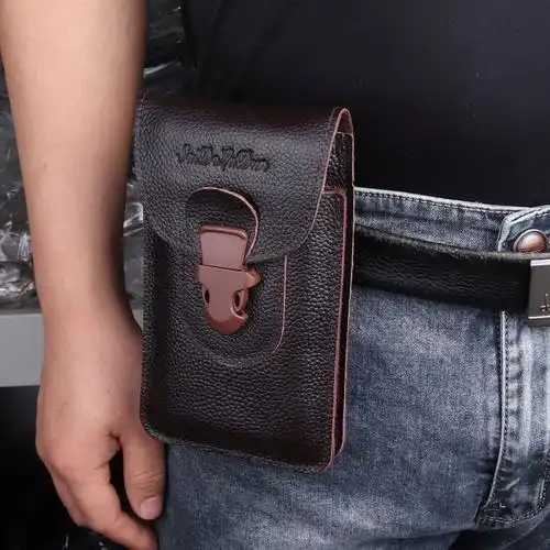 真牛皮腰包男士手机包腰带包68寸7寸72寸双层真皮耐磨工地防水黑色