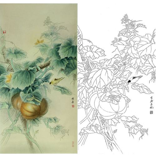 工笔画白描底稿南瓜实物勾线打印稿龚雪青瓜园情趣国画