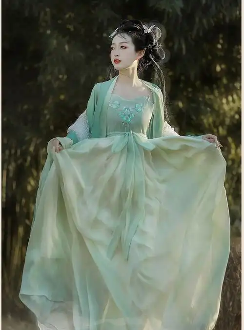 唐制汉服女古装齐腰襦裙女中国风夏季薄款超仙飘逸裙绿色古装素颜全套