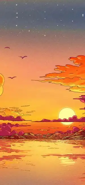 唯美晚霞倒影插画