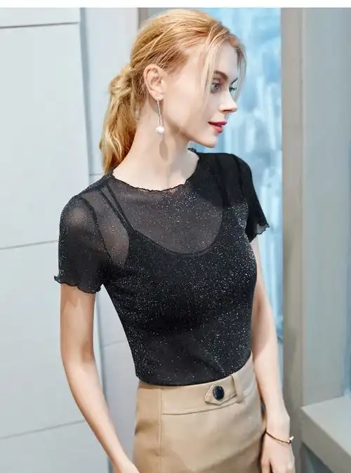 欧芝婷短袖t恤女夏季2020新款性感透视闪光丝木耳边宫廷网纱上衣 黑色