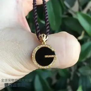 翡翠墨翠圆牌吊坠冰种墨翠圆形无事牌挂件18k金镶嵌天然a货玉坠子