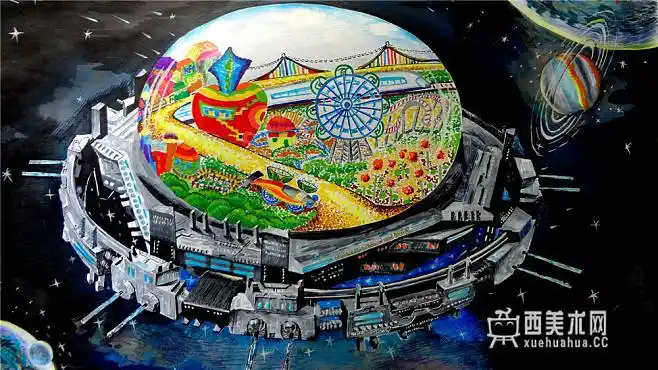 小学生优秀科幻画太空地球村1
