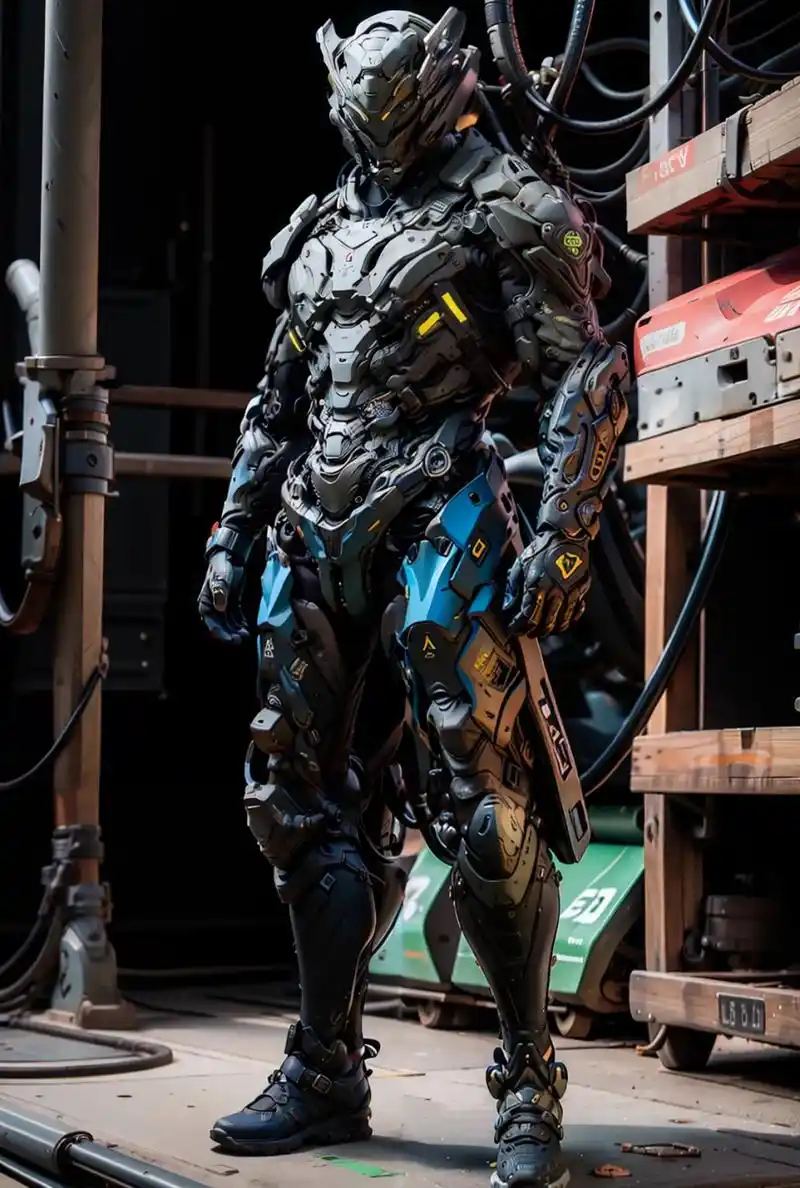 ai生成的一组机甲外骨骼作品,展现了战士装备的外骨骼型作战服,全面