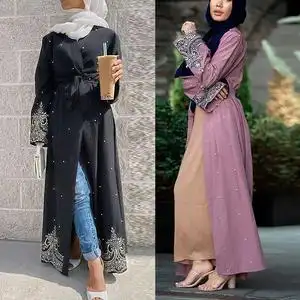马来西亚迪拜服装长袖绣花钉珠长袍女阿拉伯长款开衫女open abaya