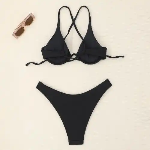 2024欧美新款泳衣女性感绑带比基尼纯色牙签bikini亚马逊露背泳装