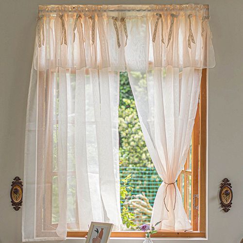 小窗户窗帘免打孔门帘半帘浅香槟纱帘隔断美式田园蝴蝶结亚麻窗纱