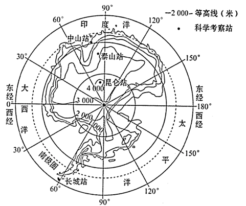 如图为南极大陆等高线地形图.读图,完成下面小题.