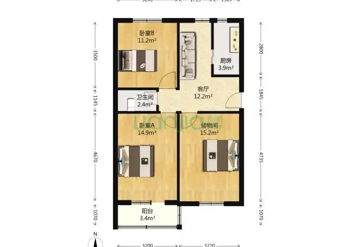 三源里南小街2室1厅1卫80平米装修案例