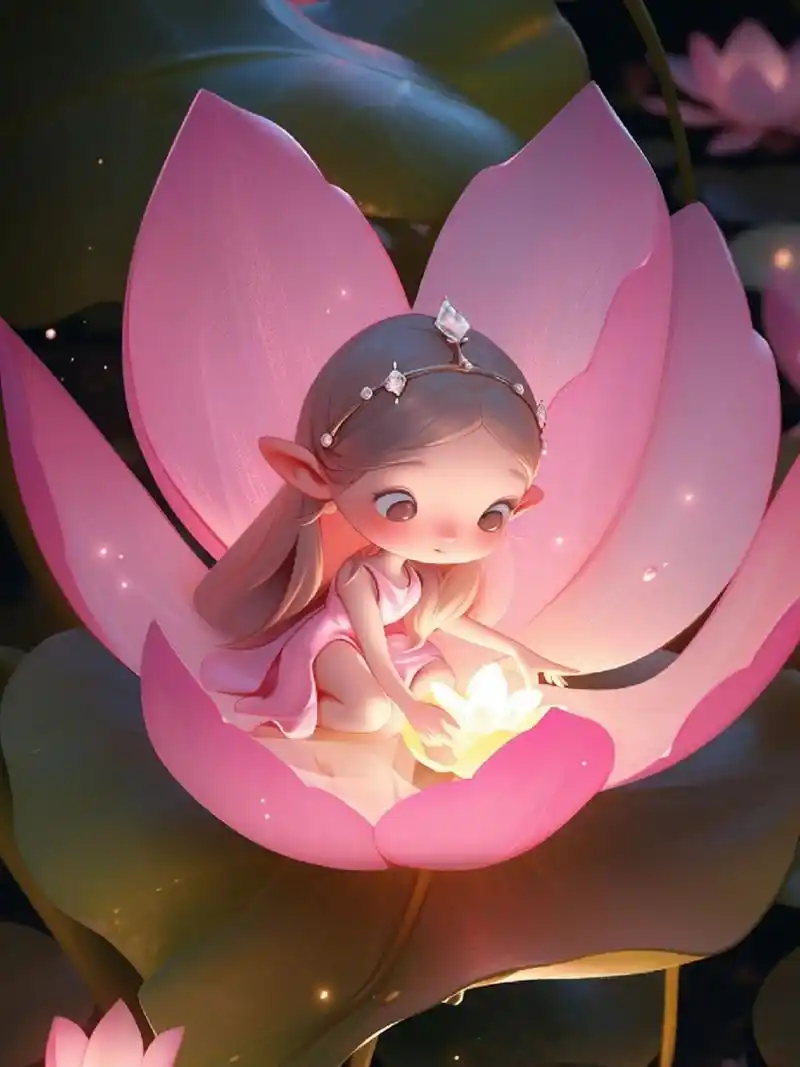 莲花仙子小可爱附关键词 明亮的背景极光,中国可爱的小仙女,小仙女坐