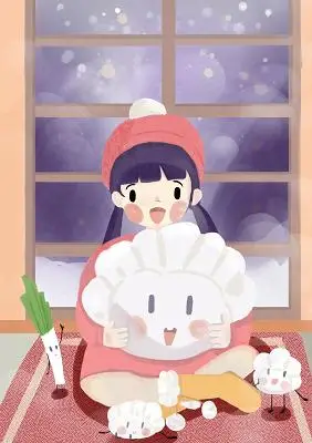 儿童插画卡通24节气冬至包饺子少女卡通插画