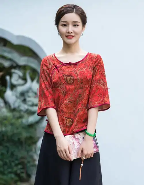 华族经典唐装改良版女时尚夏季新中式圆领短款短袖上衣【回馈款】