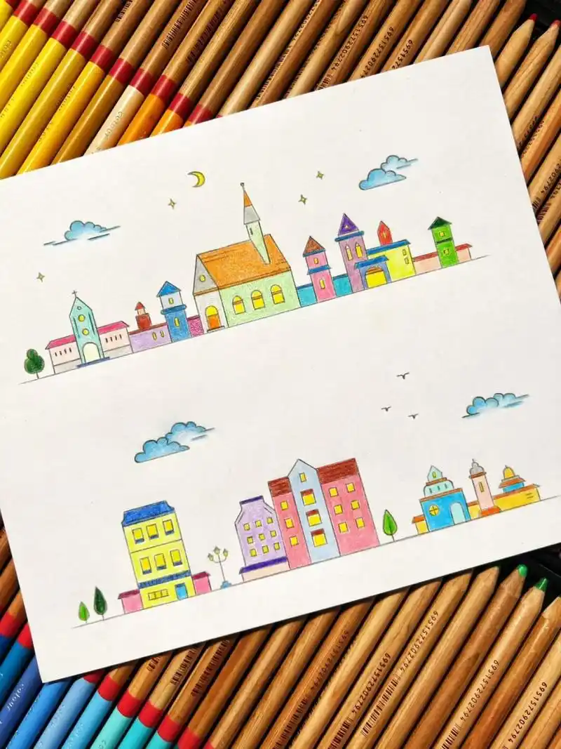 彩色城市简笔画 #简笔画# #彩铅画# #可爱简笔画# #画个简笔画# #画画