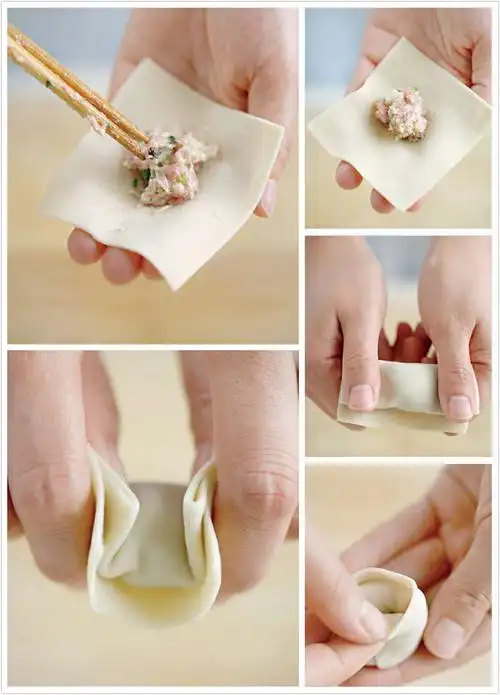 包法亦是如此,其包制方法如下: 1,取一正边形的馄饨皮,一角朝手腕处呈